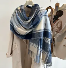 【ブルー】チェック ストール レディース 大判 秋冬 マフラー 肌触り やわらか あったか フリンジ付き 暖かい 防寒 かわいい おしゃれ 通勤 通学
