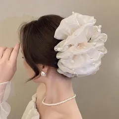 ホワイト　ヘアクリップ　大ぶり　パール　髪飾り　ヘアアレンジ　リボン