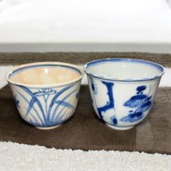 江戸期　古伊万里　水仙文染付　蕎麦猪口2客セット(和食器)