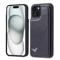 【 Antimam 】背面カード 手帳型ケース iPhone 15 Plus (6.7インチ) 対応 APPLE スマホバックカバー（ ブラック ）手作り お洒落シンプル 軽量 耐久性 カード収納 スタンド機能付き 財布型 落下防止 アイフォン15