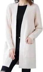 Elixio エリクシオ カーディガン ロングカーディガン ニット あったか 羽織り レディース トップス モコモコ 厚手 Vネック 秋冬 ミドル丈 リブ編み 体型カバー(ホワイト,  2XL)