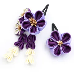 七五三 髪飾り 三歳 七歳 日本髪 花 2点セット ちりめん 紫 薄紫 白 ゴールド つまみ細工 藤下がり 小さい ピン ぱっちんピン No.9-5249