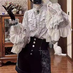 新作 暗黒系ゴシック 姫袖ブラウス 蝙蝠袖フリルシャツ ゆったりシルエット ロリータ風 月牙銀・白・生成色・黒・赤 S～XL コスプレ 万聖節