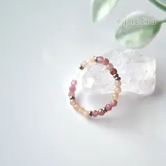 ［再販］ピンクトルマリンとオレンジムーンストーンとクリスタルのビーズリング*　天然石/誕生石/ゴム/ピンキーリング