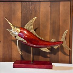 木製＆真鍮製のカジキ（マーリン）彫刻／オブジェ　手彫り　ビンテージ　海洋インテリア　トロピカルデコレーション