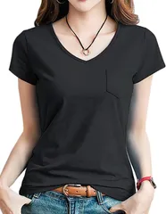 B-talk(ビートーク) BT28 Tシャツ 半袖 Vネック 胸 ポケット カットソー トップス 無地 レディース レデース オシャレ お洒落 御洒落 キレイメ 可愛い カワイイ( ブラック,  L)