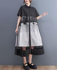 モード系  半袖 シャツワンピ ロング レディース 体型カバー 異素材 個性派 レース 細見え 白黒ワンピース
