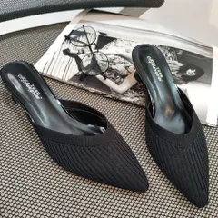 ☆ ブラック ☆ 40(25cm) ☆ ポインテッドトゥ ミュール ミュール ヒール サンダル ミュールサンダル ニットミュール ファッションサンダル ポインテッドトゥ ローヒール スプールヒール スリッポンサンダル レディース ニット シンプル おしゃれ