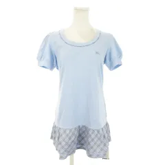 バーバリーブルーレーベル BURBERRY BLUE LABEL ミニワンピース チュニック 半袖 ティアード ロゴ刺繍 チェック 38 M 水色 ライトブルー /MN17 ■GY17