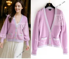 64万 シャネル カーディガン CHANEL 64万 パープル ピンク ココ マーク CC ボタン 春夏 カシミヤ 100% ニット 超美品 38 40 ランウェイ登場