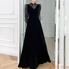 パーティードレス レディース ワンピース ロング丈 袖あり 透け感 レース ドレス イブニングドレス お呼ばれ 結婚式 オケージョン 同窓会 成人式 二次会 韓国 秋冬 ベロア ベルベット ロングドレス 披露宴 フォーマル セレモニー 長袖 黒 1139