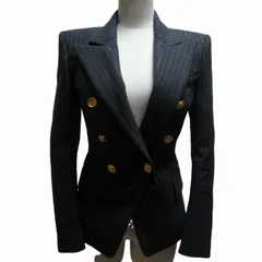 バルマン BALMAIN ダブルテーラードジャケット ブレザー ストライプ 金ボタン ストレッチ有 グレー 34 XSサイズ 0611 IBO52のサムネイル