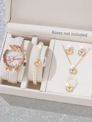 腕時計 レディース セット 6点セットの女性用腕時計：シンプルな白いPUレザーストラップクォーツウォッチ、フローラルマーカーと白い蝶の装飾が施された蝶ネックレス、蝶ブレスレット、蝶ピアス、蝶リング