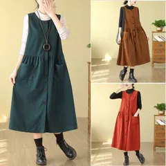 ワンピース ジャンパースカート スキッパー ジャンスカ Uネック 膝丈 ミディ丈 ミディワンピー Aライン 体型カバー コーデュロイ chaoliu72