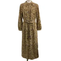 ロペピクニック ROPE Picnic ワンピース シャツワンピース フレア ロング バンドカラー 花柄 総柄 リボンベルト 長袖 38 ベージュ 茶 ブラウン