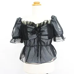 FRIFUL ブラウス シャツ 半袖 プルオーバー ショート丈 ギンガムチェック チュール フリル リボン XL ブラック ※EKM