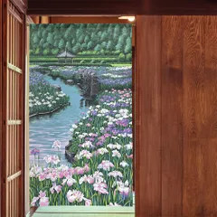 【MINIBOX のれん制作工房 正規販売店舗】【匿名配送 ネコポス 全国送料無料】のれん「杜若と水車」85x150cm【日本製】スタジオジブリ 家紋 トトロ 千と千尋の神隠し 風景 景色 和柄 和風目隠し