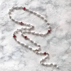 スワロフスキークリスタルビーズ 国産パール Y字ネックレス ロングネックレス ルビーカラー 78.5㎝ No.1975