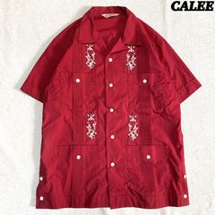 CALEE キューバシャツ メキシカンシャツ ワークシャツ オープンカラー 開襟 刺繍 4ポケット ラインプリーツ ショートスリーブ 半袖 Mサイズ 赤系 えんじ レッド キャリー