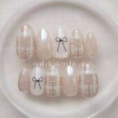 No175 オーダー ネイルチップ リボン ワイヤー 韓国 ホワイト チェック 