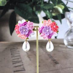 ❁つまみ細工芝桜Ｂピアス ・おとなかわいい和風ピアス❁着物・和装・浴衣・小さなつまみ細工・ハンドメイドピアス・スタットピアス・ハンドメイドアクセサリー