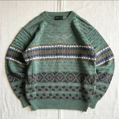 〜90s　vintage　幾何学柄　総柄　ヨーロピアンアートモチーフ　胸ロゴ刺繍　3D編み　ジャガードニット　セーター　グリーン　L　Y2K　C-BOY　レトロ古着