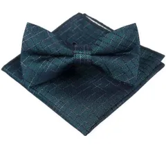 蝶ネクタイ　ポケットチーフ　2点セット　結婚式　発表会　パーティー　イベント　卒業式　卒園式　入園式　入学式　入社式　グリーン色　ブラック色　シルバー色　チェック柄　格子柄　ワンタッチネクタイ　ワイシャツ　格安　小物　メンズ蝶ネクタイ　チーフ　2点　セット