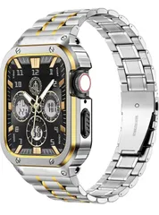 ★MioHHR ステンレススティール製バンド、ケース互換性 Apple Watch Bands 45mm,金属製保護バンパーカバー付き頑丈なストラップ iWatch シリーズ 9/8/7 男性用. (銀金)