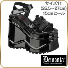 26.5 27 cm demonia デモニア サンダル 厚底 ウェッジソール 15cm ヒール 黒 ブラック エナメル バット バックル アンクルストラップ 厚底靴 ロック パンク ゴシック ゴスロリ 原宿系 韓国 ファッション 靴 レディース メンズ