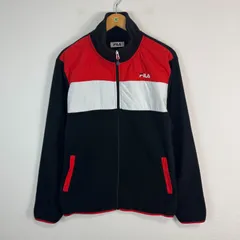 FILA フィラ フリースジャケット ブルゾン ワンポイントロゴ ロゴ刺繍 ブラック レッド ホワイト メンズXL 古着 ストリート