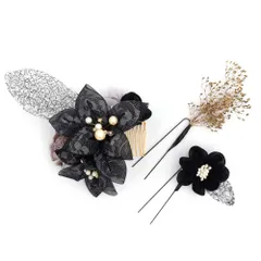髪飾り 成人式 つまみ細工 振袖 前撮り 袴 3点セット 花 リボン 黒 レース パール リーフ カスミソウ 葉 ビーズ ラインストー No.12-0522