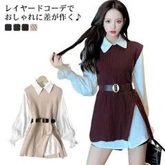 2点セット ニットベスト ニットベスト レディース パフスリーブ スリット入り ベスト ブラウス ニットベスト 春服 秋 20代30代40代#gurug573523