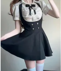 量産型 服 地雷系 ワンピース 3点セット 上下セット レディース 半袖 トップス 白いシャツ +リボン＋サスペンダースカート Ａライン プリーツ 学院風 JK制服 ロリータ 原宿系 春夏秋 zhangban111