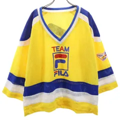 FILA フィラ ロゴプリント 7分袖 メッシュ ゲーム シャツ S イエロー系 バックプリント アイスホッケー メンズ 古着