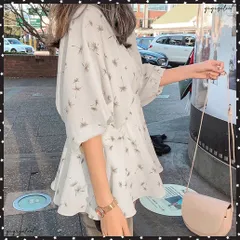 フレア シャツブラウス レディース 夏服ボリューム袖 柄シャツ トップス 着やせ ゆったり Vネック シフォンブラウス パフスリーブ カジュアル 大人エレガントレトロ大人かわいい 5分袖ブラウス夏 体型カバートップス