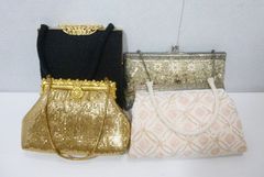 レトロ ビーズバッグ 4点 まとめ パーティー 服飾小物 ビンテージ 色々 金色 黒 銀色 白×ピンク