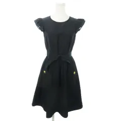 ブルーレーベルクレストブリッジ BLUE LABEL CRESTBRIDGE ひざ丈ワンピース 半袖 絹 シルク混 チェック ウエストマーク リボン 38 M 黒 ブラック /AO17 ■GY19