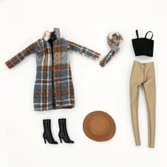 着せ替え人形 チェック柄 ロングコート 冬服 タータンチェック マフラー ブーツ 交換衣装 1/6スケール 服 女性 レディース かわいい おしゃれ バービー人形サイズ ドール フィギュア t7400