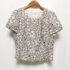 #snc レリアン Leilian シャツ・ブラウス 半袖 花柄 11 クリーム色 黒系 麻混 美品 レディース [956389]