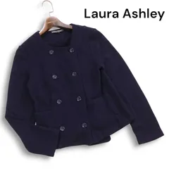 Laura Ashley ローラアシュレイ 秋冬 ウール100％★ ニット ノーカラー ダブル ジャケット Sz.S レディース 紺 ネイビーのサムネイル