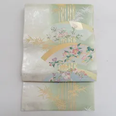 袋帯 正絹 薄緑色ｘ金色 金糸銀糸 パステル系 引き箔 四季地紙文に竹 六通柄 フォーマル 礼装 長さ440cm