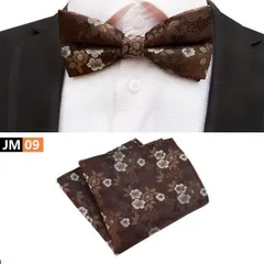 蝶ネクタイ　ポケットチーフ　花柄　2点セット　ワンタッチ 結婚式 パーティー イベント ダンスパーティー 卒業式 入学式 入社式　ブラウン色 ホワイト シルバー スーツ ワイシャツ ネクタイ 格安 小物
