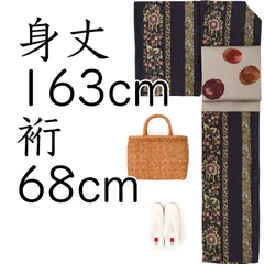【L】新品　単衣　洗える着物　ドット花ライン　黒のサムネイル