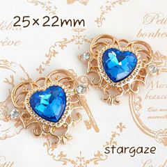 【 2個 】 25×22mm ハートセンターパーツ ストーン ビジュー ライトブルー×ゴールドフレーム