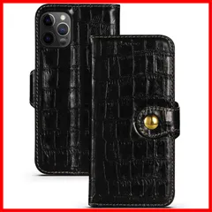 【人気商品】カード入れ カバー 手帳型 スタンド機能 本革 クロコ型押し ストラップホール付き 6.1インチ対応 ケース マグネットスナップボタン式 Pro /iPhone12 スマホケース(ブラック) iPhone12