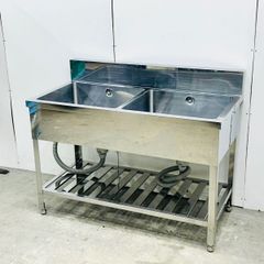 【送料無料】2槽シンク W1200×D600×H800 流し台 ステンレスシンク バックガード付 業務用 中古 厨房