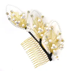 髪飾り コーム型 ラインストーン パール ゴールド 白 キラキラ ラメ リーフ 葉 小さい かんざし かわいい 粋 日本製 おしゃれ No.9-3505