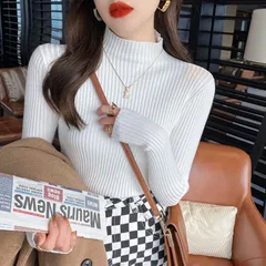 送料無料 アウトレット サンプル品 オフホワイト/フリーサイズ レディース モックネック リブニット トップス ハイネック リブ編み テレコニット セーター ストレッチ 長袖 春 秋 冬 パシャ売り S-S