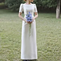 ウエディングドレス 二次会 花嫁 前撮り ウェディングドレス 半袖 ロングドレス タイト 結婚式 エレガント 白 シンプル リゾート ワンピース