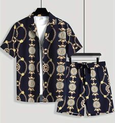 バロック柄 半袖シャツセットアップ ハーフパンツ 上下 黒×黄 041 柄シャツ 大きいサイズ ヤクザ ヤンキー オラオラ系 悪羅悪羅 服 メンズ ファッション